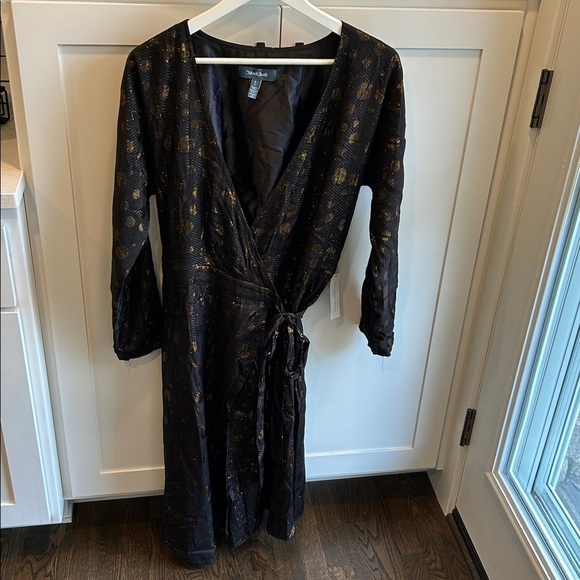 NWT MODCLOTH Golden Record Party Wrap Dress MIDI Black Gold Shimmer Large - Picture 10 of 11